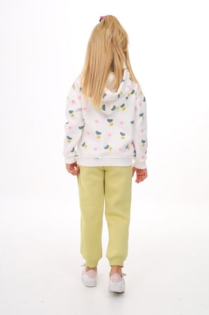 Toontoy Kız Çocuk 2'li Takım Baskılı Kapüşonlu Sweatshirt & Beli Paçası Lastikli Jogger Eşofman Altı - Renk Bloklu & 3 İplik Şardonlu