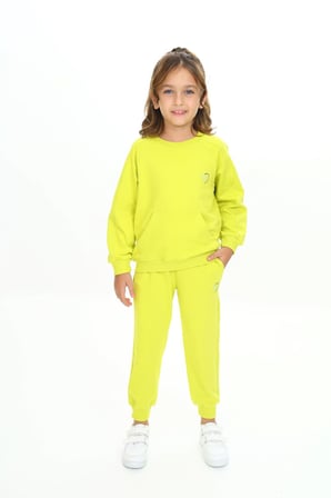 Toontoy Kız Çocuk 2'li Takım Nakış Baskılı Bisiklet Yaka Cepli Sweatshirt & Beli Paçası Lastikli Cepli Jogger Eşofman Altı - 2 İplik
