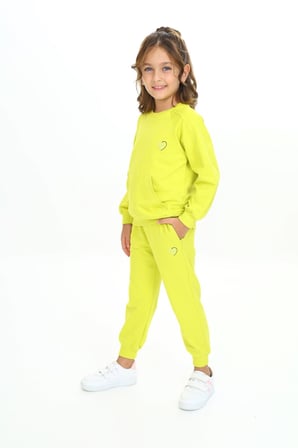 Toontoy Kız Çocuk 2'li Takım Nakış Baskılı Bisiklet Yaka Cepli Sweatshirt & Beli Paçası Lastikli Cepli Jogger Eşofman Altı - 2 İplik