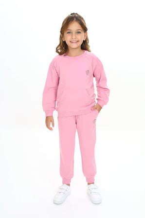 Toontoy Kız Çocuk 2'li Takım Nakış Baskılı Bisiklet Yaka Cepli Sweatshirt & Beli Paçası Lastikli Cepli Jogger Eşofman Altı - 2 İplik