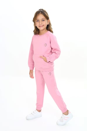 Toontoy Kız Çocuk 2'li Takım Nakış Baskılı Bisiklet Yaka Cepli Sweatshirt & Beli Paçası Lastikli Cepli Jogger Eşofman Altı - 2 İplik