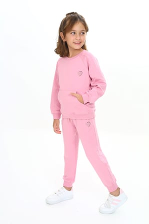 Toontoy Kız Çocuk 2'li Takım Nakış Baskılı Bisiklet Yaka Cepli Sweatshirt & Beli Paçası Lastikli Cepli Jogger Eşofman Altı - 2 İplik