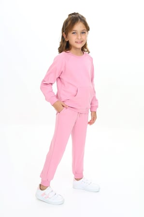 Toontoy Kız Çocuk 2'li Takım Nakış Baskılı Bisiklet Yaka Cepli Sweatshirt & Beli Paçası Lastikli Cepli Jogger Eşofman Altı - 2 İplik