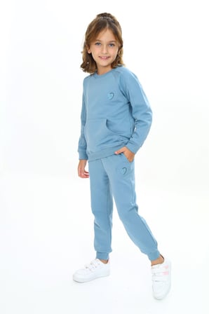 Toontoy Kız Çocuk 2'li Takım Nakış Baskılı Bisiklet Yaka Cepli Sweatshirt & Beli Paçası Lastikli Cepli Jogger Eşofman Altı - 2 İplik