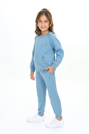 Toontoy Kız Çocuk 2'li Takım Nakış Baskılı Bisiklet Yaka Cepli Sweatshirt & Beli Paçası Lastikli Cepli Jogger Eşofman Altı - 2 İplik