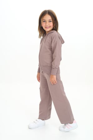 Toontoy Kız Çocuk 2'li Takım Kapüşonlu Fermuarlı Sweatshirt & Beli Lastikli Bol Paça Cepli Eşofman Altı - 2 İplik