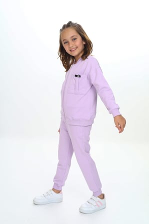 Toontoy Kız Çocuk 2'li Takım Baskılı Bisiklet Yaka Kolu Fırfırlı Sweatshirt & Beli Paçası Lastikli Cepli Jogger Eşofman Altı - 2 İplik