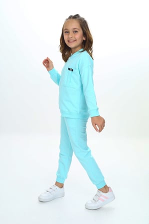 Toontoy Kız Çocuk 2'li Takım Baskılı Bisiklet Yaka Kolu Fırfırlı Sweatshirt & Beli Paçası Lastikli Cepli Jogger Eşofman Altı - 2 İplik