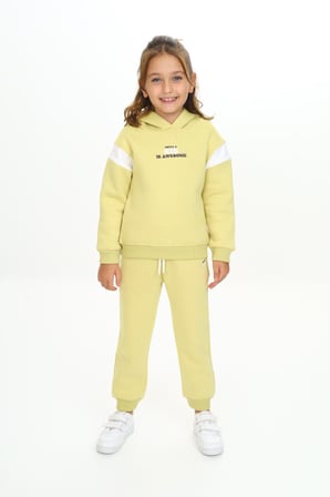 Toontoy Kız Çocuk 2'li Takım Baskılı Kolej Yaka Fermuarlı Cepli Sweatshirt & Beli Paçası Ribanalı Jogger Eşofman Altı - 3 İplik Şardonlu