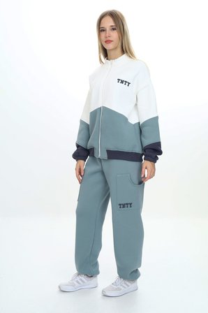 Toontoy Kız Çocuk 2'li Takım Baskılı Dik Yaka Fermuarlı Sweatshirt & Beli Paçası Lastikli Cepli Jogger Eşofman Altı - Renk Bloklu 3 İplik Şardonlu