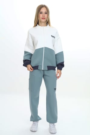 Toontoy Kız Çocuk 2'li Takım Baskılı Dik Yaka Fermuarlı Sweatshirt & Beli Paçası Lastikli Cepli Jogger Eşofman Altı - Renk Bloklu 3 İplik Şardonlu