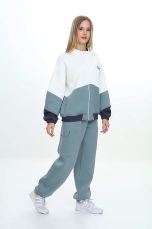Toontoy Kız Çocuk 2'li Takım Baskılı Dik Yaka Fermuarlı Sweatshirt & Beli Paçası Lastikli Cepli Jogger Eşofman Altı - Renk Bloklu 3 İplik Şardonlu