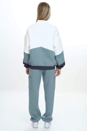 Toontoy Kız Çocuk 2'li Takım Baskılı Dik Yaka Fermuarlı Sweatshirt & Beli Paçası Lastikli Cepli Jogger Eşofman Altı - Renk Bloklu 3 İplik Şardonlu