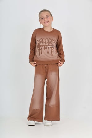 Toontoy Kız Çocuk 2'li Takım Eskitme Baskılı Bisiklet Yaka Sweatshirt & Beli Lastikli Cepli Bol Paça Eşofman Altı - 2 İplik