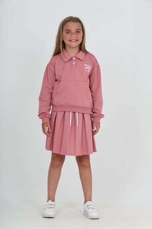 Toontoy Kız Çocuk 2'li Takım Baskılı Polo Yaka Çıtçıtlı Düşük Omuz Cepli Sweatshirt & Bağcıklı Pileli Etek