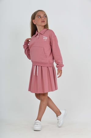 Toontoy Kız Çocuk 2'li Takım Baskılı Polo Yaka Çıtçıtlı Düşük Omuz Cepli Sweatshirt & Bağcıklı Pileli Etek