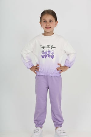 Toontoy Kız Çocuk 2'li Takım Baskılı Bisiklet Yaka Sweatshirt & Beli Paçası Lastikli Cepli Jogger Eşofman Altı - Renk Bloklu & 2 İplik