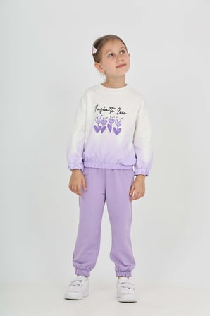 Toontoy Kız Çocuk 2'li Takım Baskılı Bisiklet Yaka Sweatshirt & Beli Paçası Lastikli Cepli Jogger Eşofman Altı - Renk Bloklu & 2 İplik