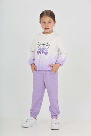 Toontoy Kız Çocuk 2'li Takım Baskılı Bisiklet Yaka Sweatshirt & Beli Paçası Lastikli Cepli Jogger Eşofman Altı - Renk Bloklu & 2 İplik