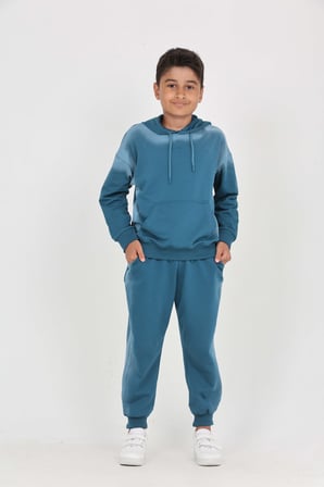 Toontoy Erkek Çocuk 2'li Takım Eskitme Baskılı Kapüşonlu Cepli Sweatshirt & Beli Paçası Lastikli Cepli Jogger Eşofman Altı - 2 İplik