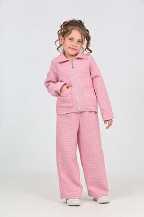 Toontoy Kız Çocuk 2'li Takım Gömlek Yaka Fermuarlı Cepli Sweatshirt & Beli Lastikli Bol Paça Eşofman Altı - Dokuma Şanel Tuvit Chanel