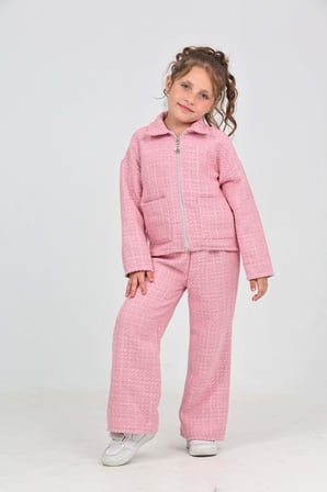 Toontoy Kız Çocuk 2'li Takım Gömlek Yaka Fermuarlı Cepli Sweatshirt & Beli Lastikli Bol Paça Eşofman Altı - Dokuma Şanel Tuvit Chanel