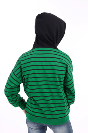Toontoy Erkek Çocuk Oversize Kapüşonlu Düşük Omuz Baskılı Çizgili Sweatshirt - Garni Detaylı & 2 İplik