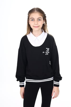 Toontoy Kız Çocuk Relax Fit Polo Yaka Düşük Omuz Baskılı Okul Sweatshirt - Garnili & 2 İplik