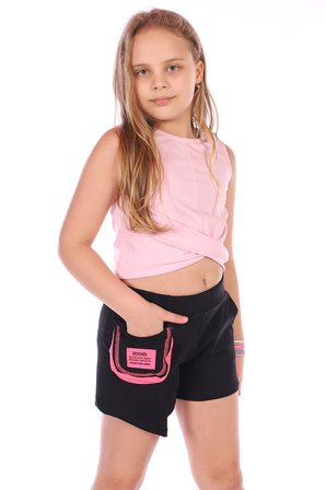 Toontoy Kız Çocuk Baskılı Beli Lastikli Torba Cepli Asimetrik Şort