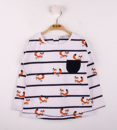 Toontoy Kız Bebek Baskılı Bisiklet Yaka Uzun Kollu Çizgili Tişört