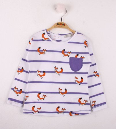 Toontoy Kız Bebek Baskılı Bisiklet Yaka Uzun Kollu Çizgili Tişört