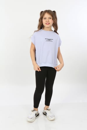 Toontoy Kız Çocuk Oversize Baskılı Bisiklet Yaka Kısa Kollu Yırtmaçlı Tişört