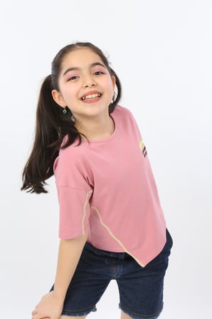 Toontoy Kız Çocuk Baskılı Bisiklet Yaka Kısa Kollu Asimetrik Tişört