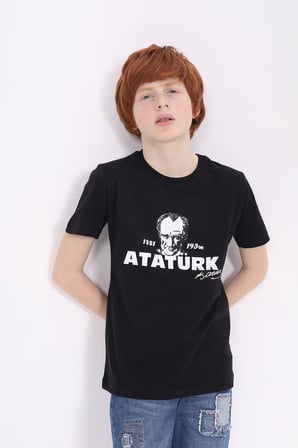 Toontoy Unisex Atatürk Baskılı Bisiklet Yaka Kısa Kollu Tişört