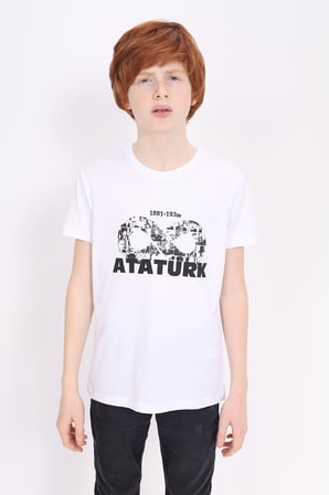 Toontoy Unisex Atatürk Baskılı Bisiklet Yaka Kısa Kollu Tişört