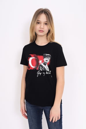 Toontoy Unisex Atatürk Baskılı Bisiklet Yaka Kısa Kollu Tişört