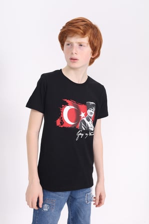 Toontoy Unisex Atatürk Baskılı Bisiklet Yaka Kısa Kollu Tişört