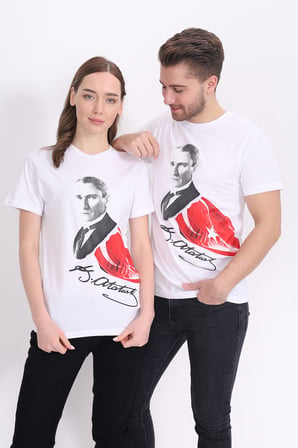 Toontoy Unisex Atatürk Baskılı Bisiklet Yaka Kısa Kollu Tişört