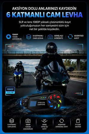 Nvg BT-68 Kameralı Motosiklet Kask Kulaklığı Intercom Bluetooth 5.4 1080P Interkom RGB Işıklı IP65 Su Geçirmez