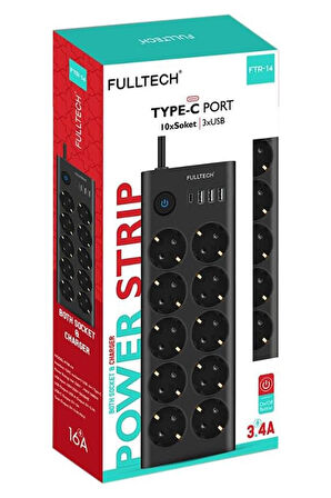 Fulltech FTR14 Type-C Girişli Akım Korumalı 10'lu Priz, 3 USB