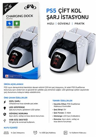 Nvg PS5 Kol Şarj İstasyonu | DualSense Çift Kumanda Şarj Standı | LED Göstergeli Şarj Dock