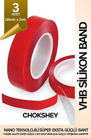 Vhb Silikon Şeffaf Çift Taraflı Bant 50 Kg Ekstra Güçlü İç Dış Mekan Uyumlu 18mmx2mt - 3 Adet