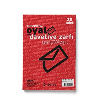 Oyal Davetiye Zarfı 13x18 Sarı 80Gr 25'li