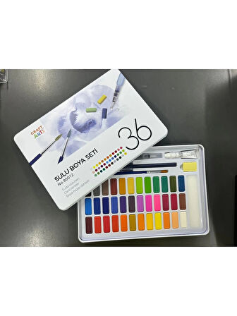 36 Renk Suluboya Seti - Fırça, Su Kalemi, Sünger ve Akrilik Beyaz Boya (Metal Kutulu)