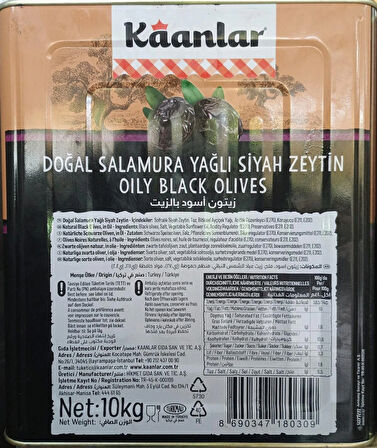 Kaanlar Doğal Salamura Yağlı Siyah Zeytin 10 kg Teneke  (291-320)