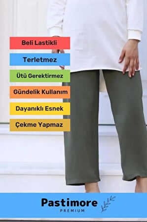 Yeni Sezon Terletmez Rahat Kalıp Beli Lastikli Bol Paça Salaş Yazlık Kadın Haki Aerobin Pantolon