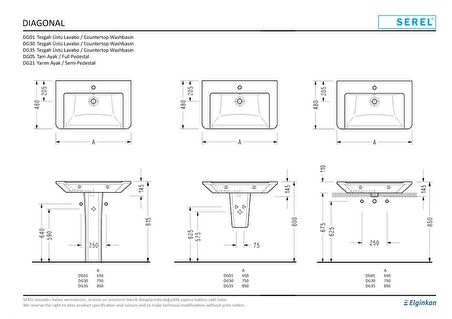 Serel Dıagonal Lavabo 48x75 Cm (Dg30) + Dıagonal Tam Ayak (Dg05) DG30+DG05