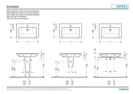 Serel Diagonal 48x65 cm Duvara Monte Lavabo DG01TDS110H