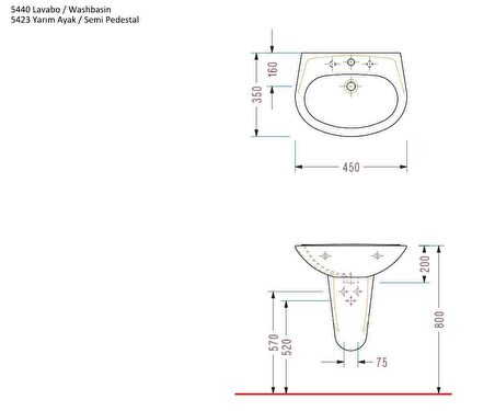 Serel 35x45 cm Duvara Monte Lavabo 5440TDS110H