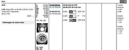 Vag Piston+segman (81,01mm Std) Lt28 Lt35 Lt46 (2,5 109 Ps 5 Silindir) Avr Bbr - Goetze 8772178std000g